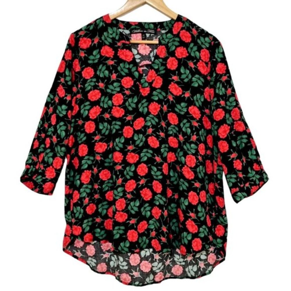 WILLOW TREE Size 14 Womens Black Rose Floral V-Neck 3/4 Sleeve Top Blouse